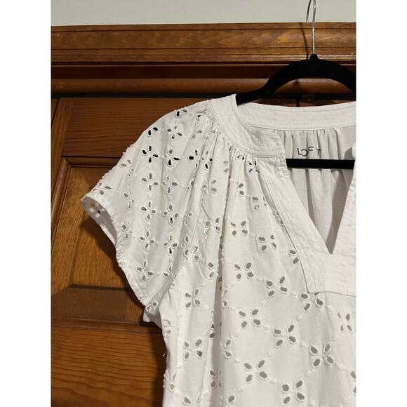 LOFT Women's Eyelet Short Sleeve Split Neck Knit Mixed Media Blouse White Size S - Picture 4 of 11